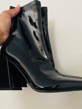 Women's Black Patent Block Heel Ankle Boots